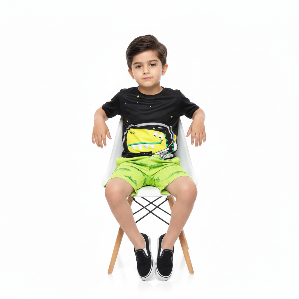 Space Adventure Dino Graphic Tee with Neon Green Printed Shorts