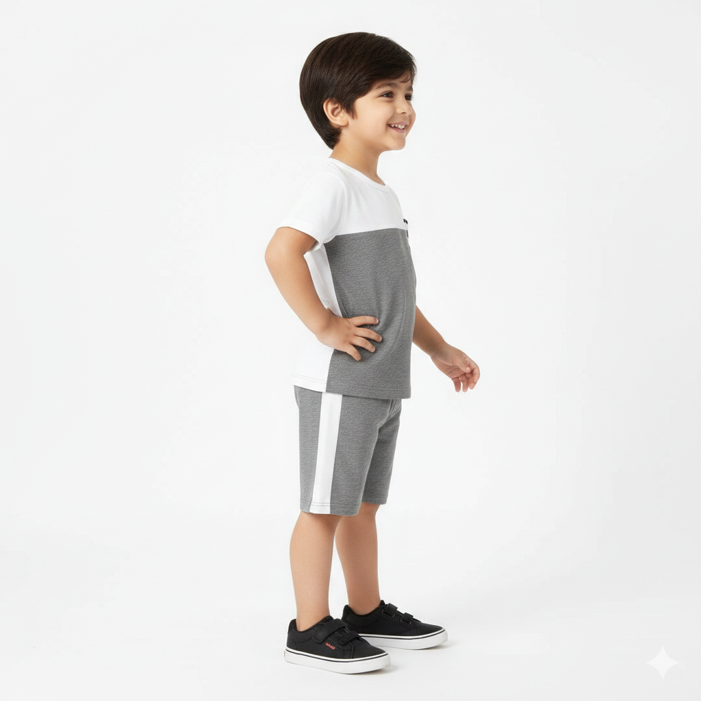 Minimalist Grey & White Color-Block Set with Striped Pocket Detail