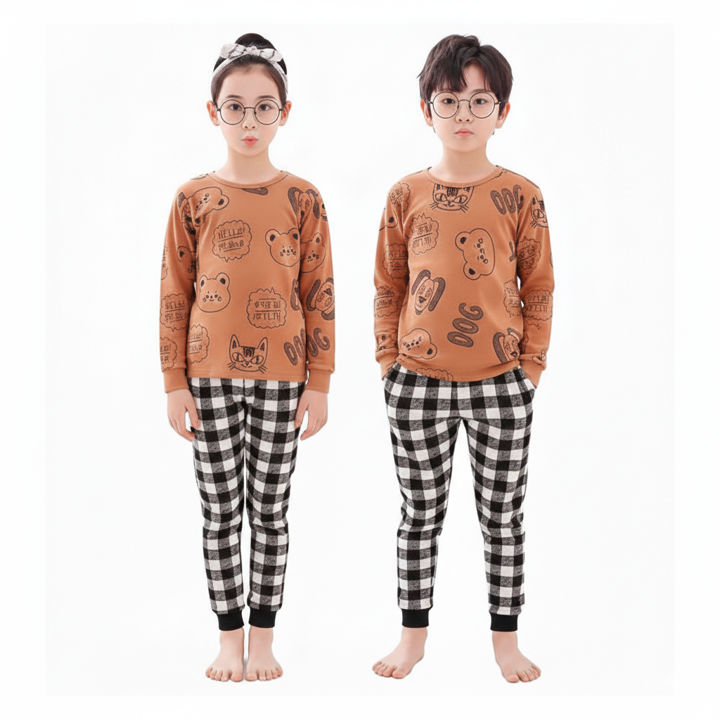 Brown Animal Print Sweatshirt aur Black-White Checked Pajama Set"