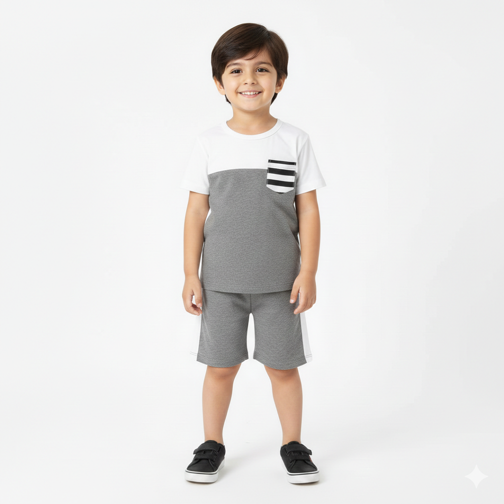 Minimalist Grey & White Color-Block Set with Striped Pocket Detail