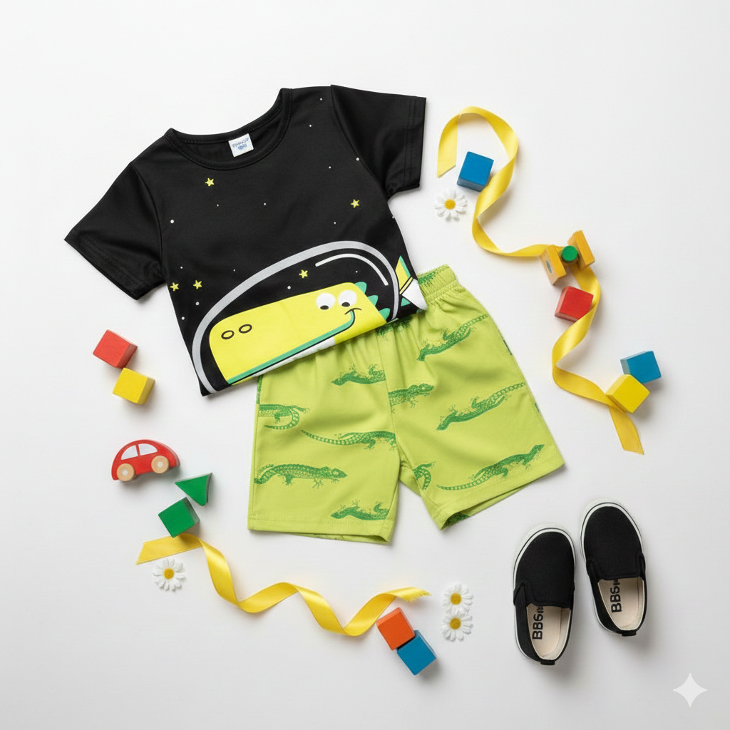 Space Adventure Dino Graphic Tee with Neon Green Printed Shorts
