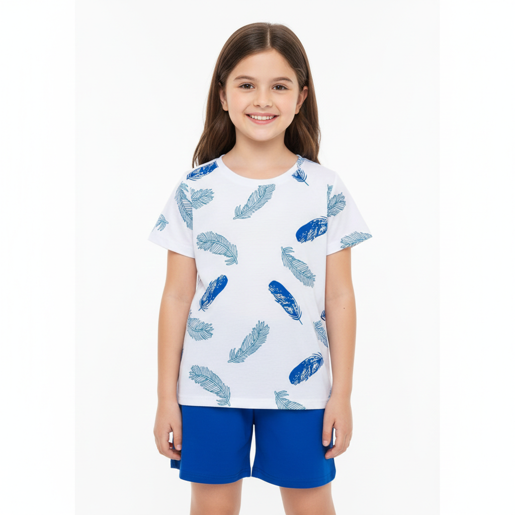 Tropical Breeze Blue Feather Print T-Shirt & Shorts Set