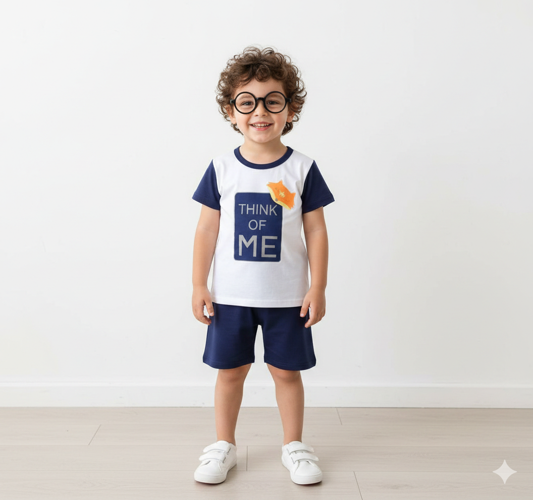 Classic Navy Blue and White "Think of Me" Graphic Suit