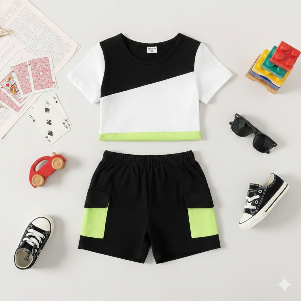 Trendy Kids' Tri-Color Patchwork Tee & Cargo-Style Shorts