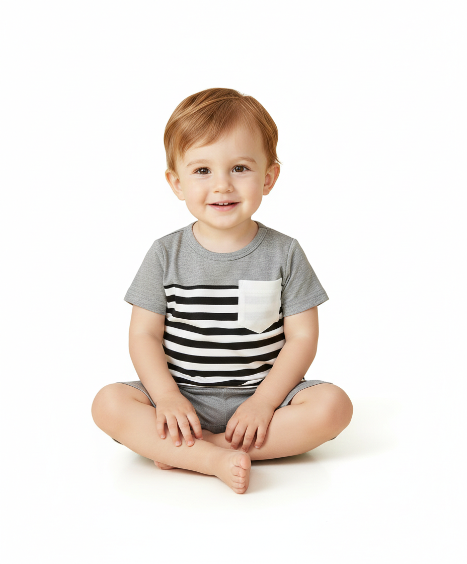 Minimalist Grey & White Set with Striped Pocket Detail