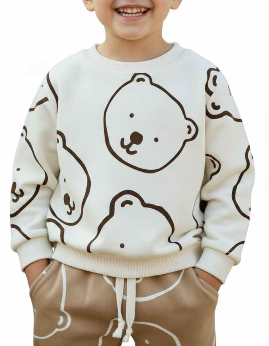 Unisex White & Brown Bear Fleece Suit for Kids