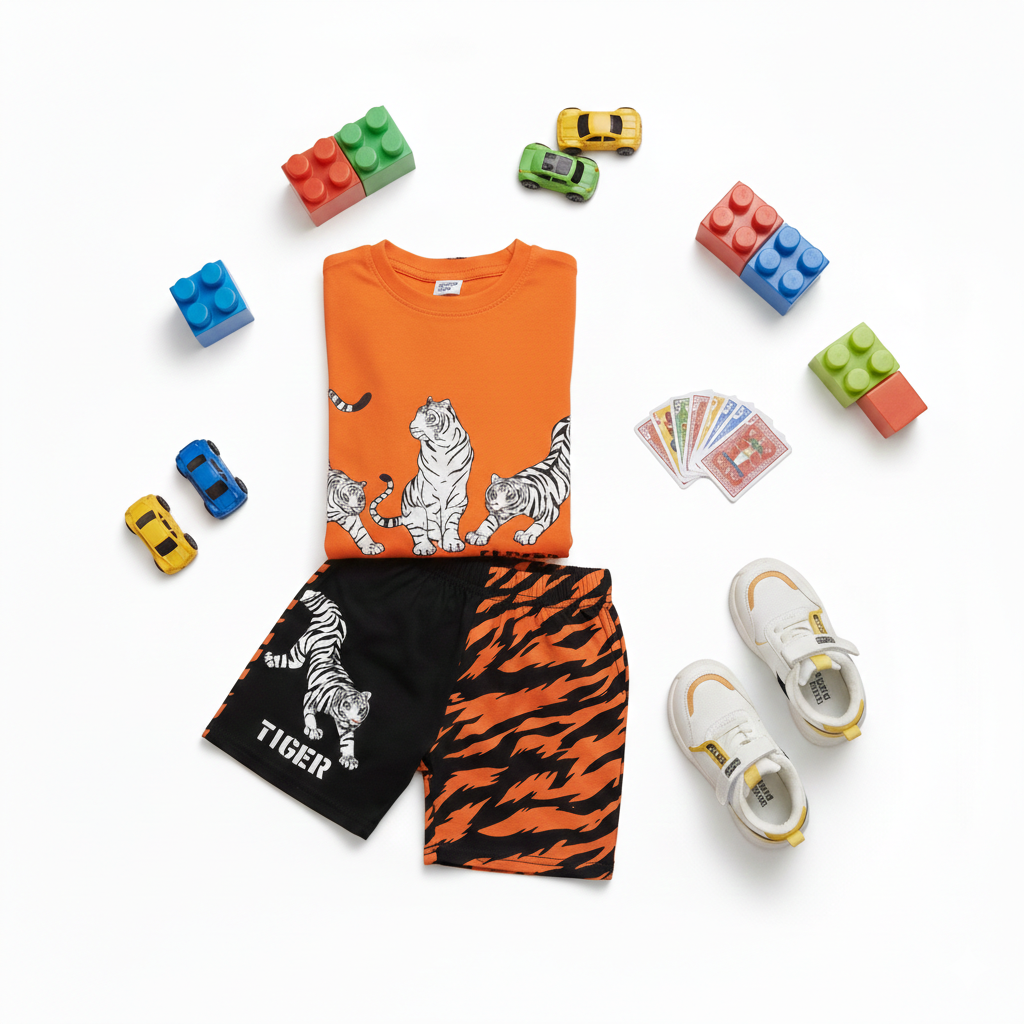 Vibrant Orange Tiger Graphic Tee & Shorts Set