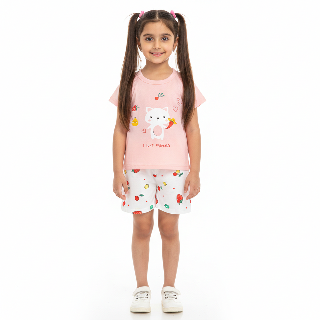 Adorable Pink Kitten & Strawberry Pattern Summer Outfit for Toddlers