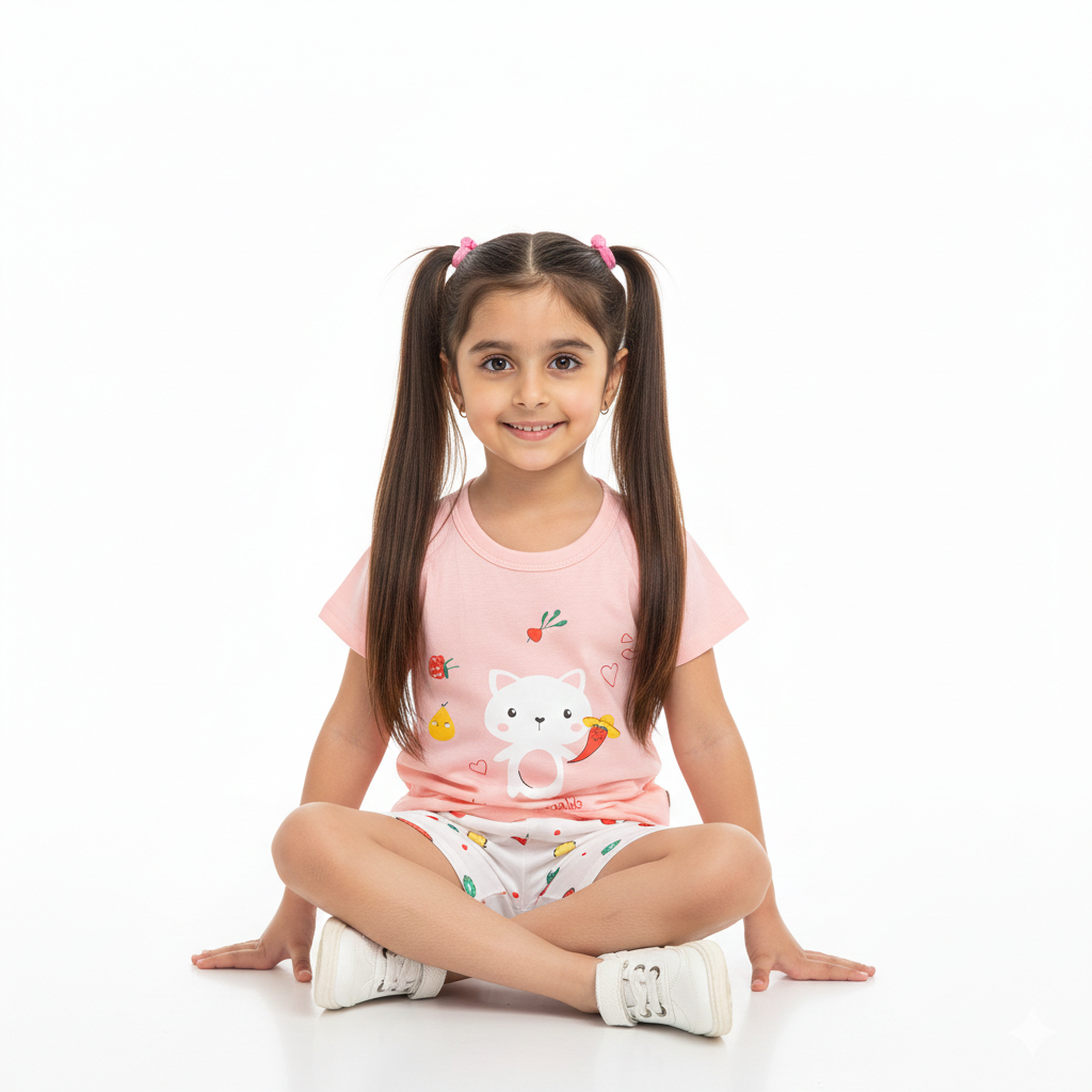 Adorable Pink Kitten & Strawberry Pattern Summer Outfit for Toddlers