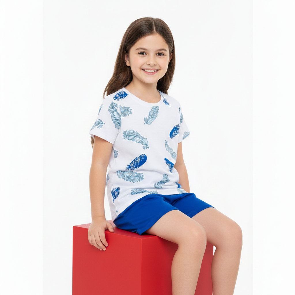 Tropical Breeze Blue Feather Print T-Shirt & Shorts Set