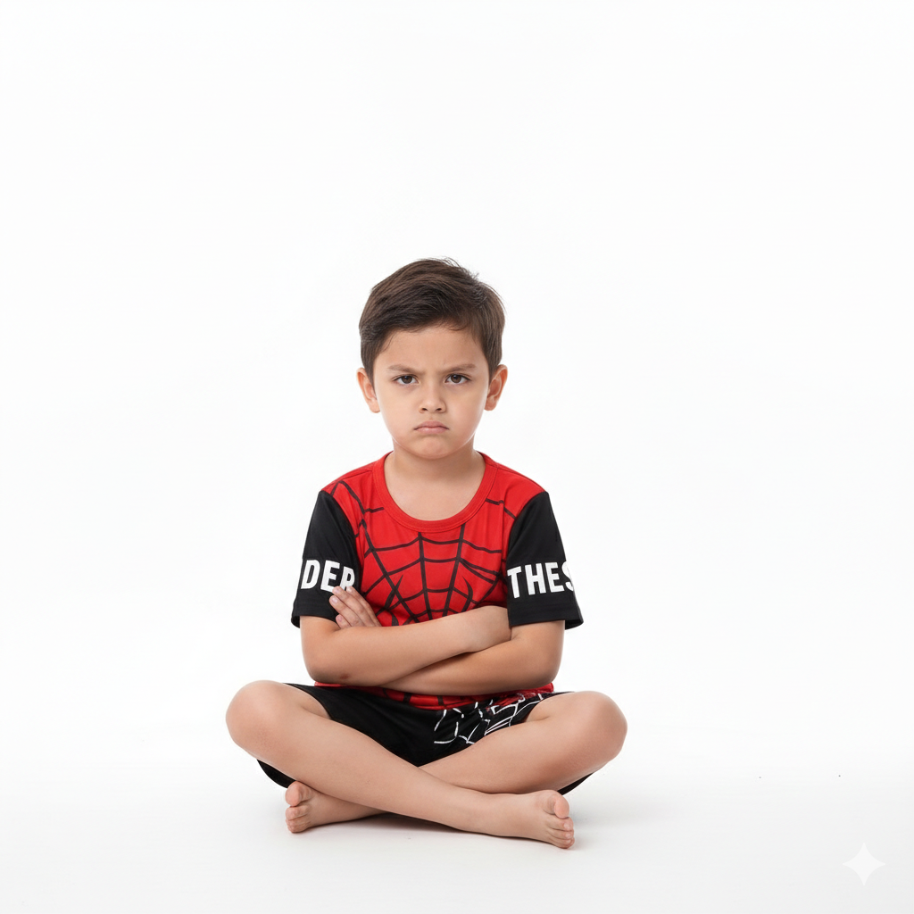 Red & Black Superhero Graphic Tee with Matching Webbed Shorts