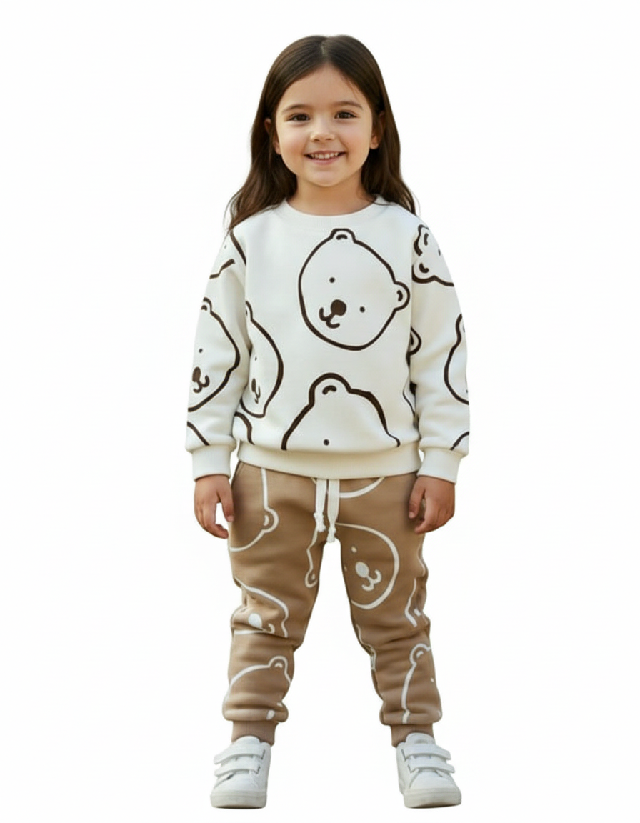 Unisex White & Brown Bear Fleece Suit for Kids