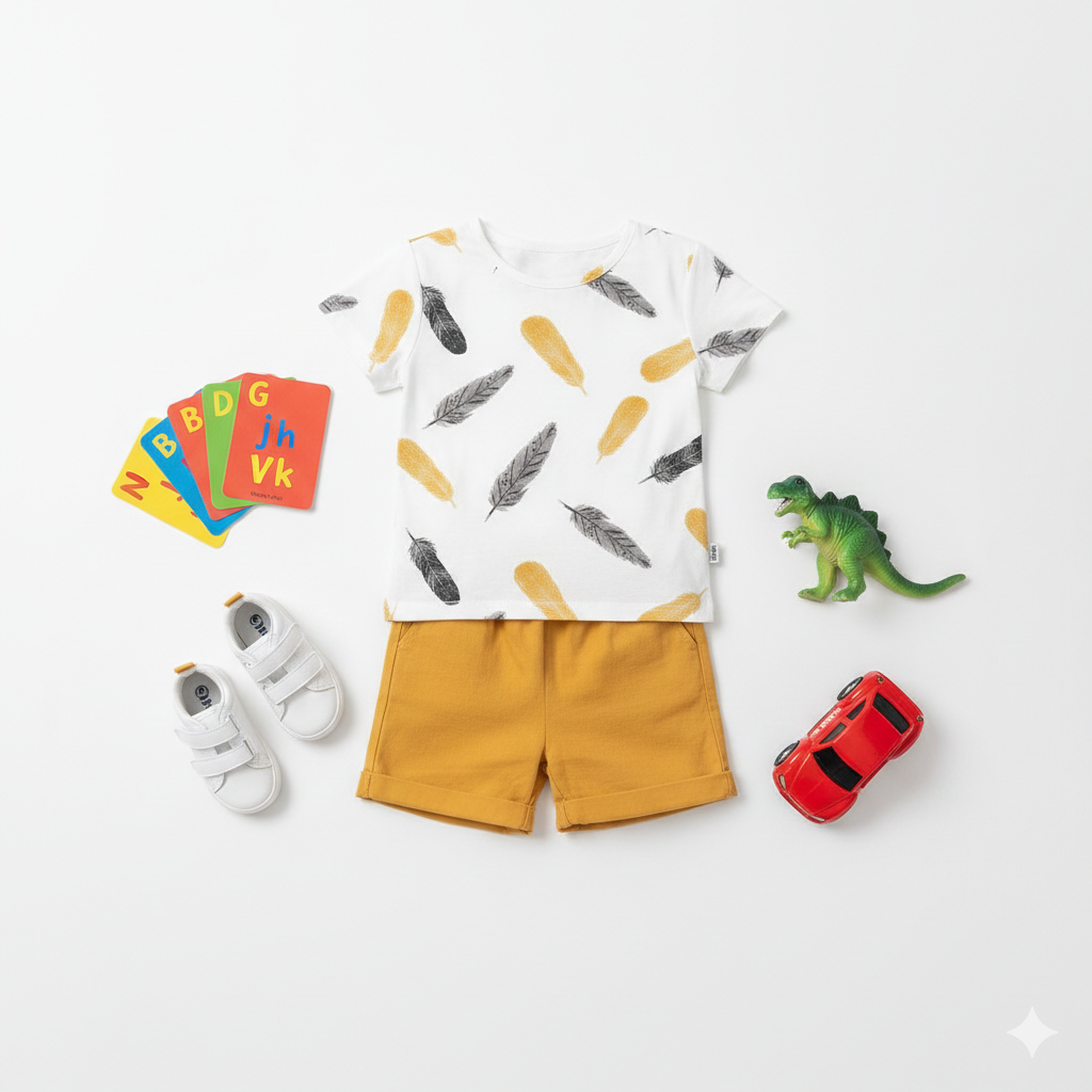 Golden-Yellow "Nature Breeze" Feather Print Summer Outfit