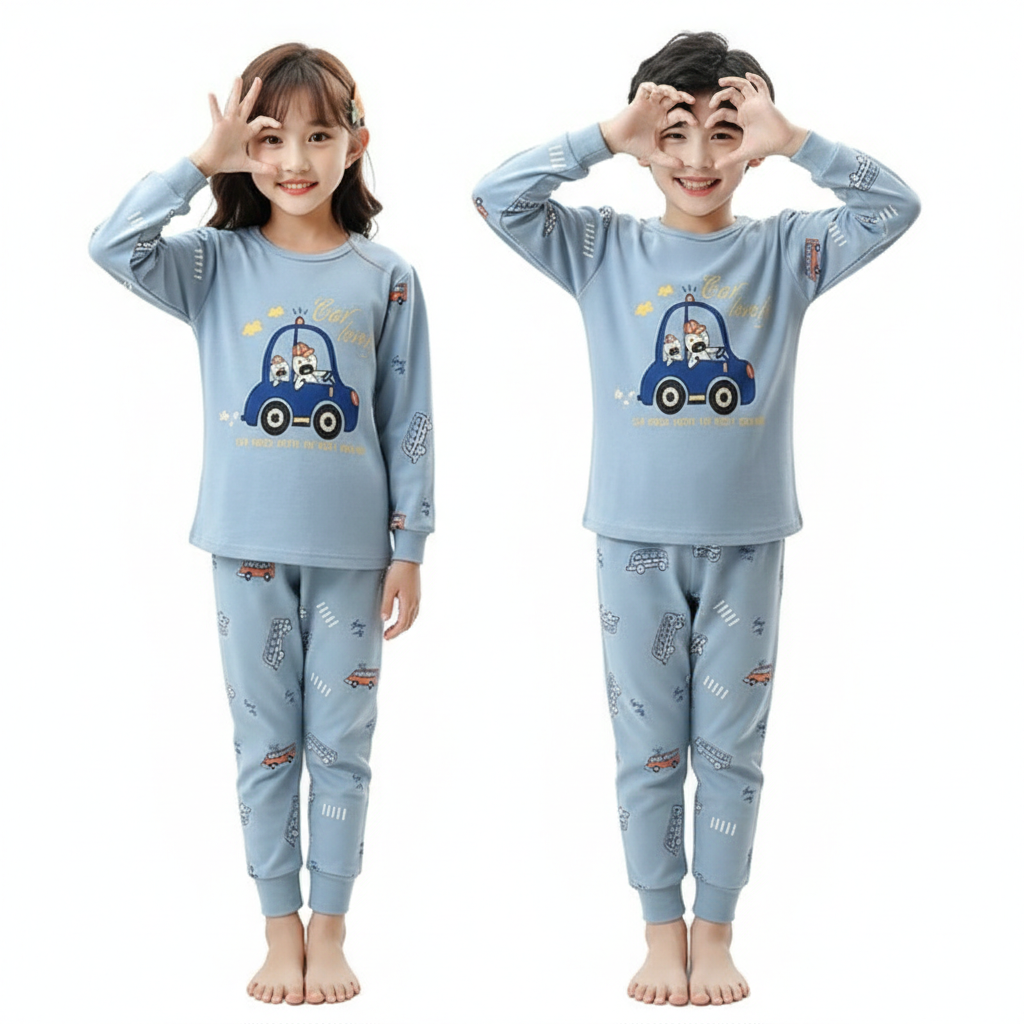 Kids' Full-Length Pajama Set – Cute Car Graphic Print
