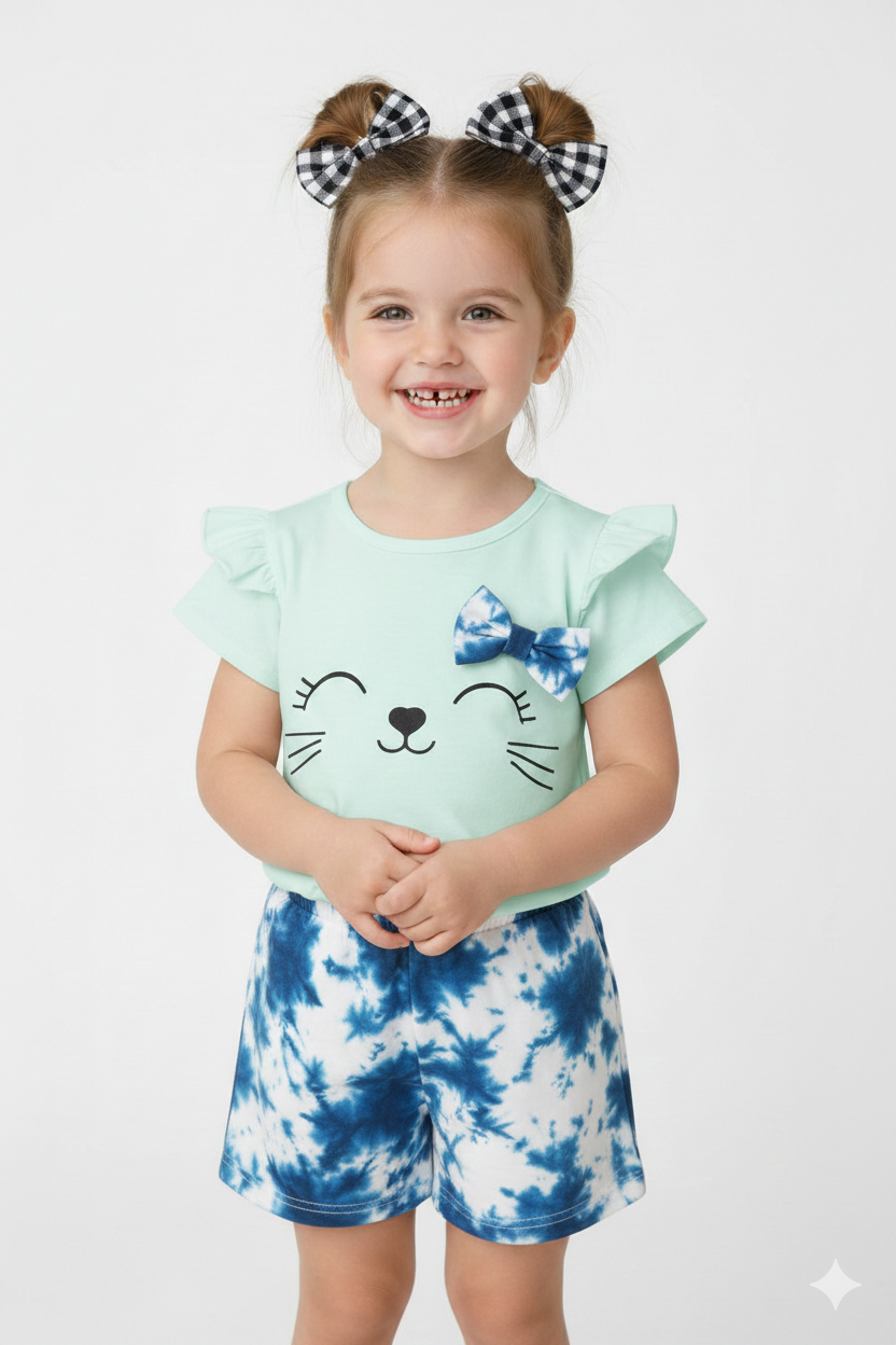 Tie-Dye Shorts aur Cat T-shirt ka perfect combo