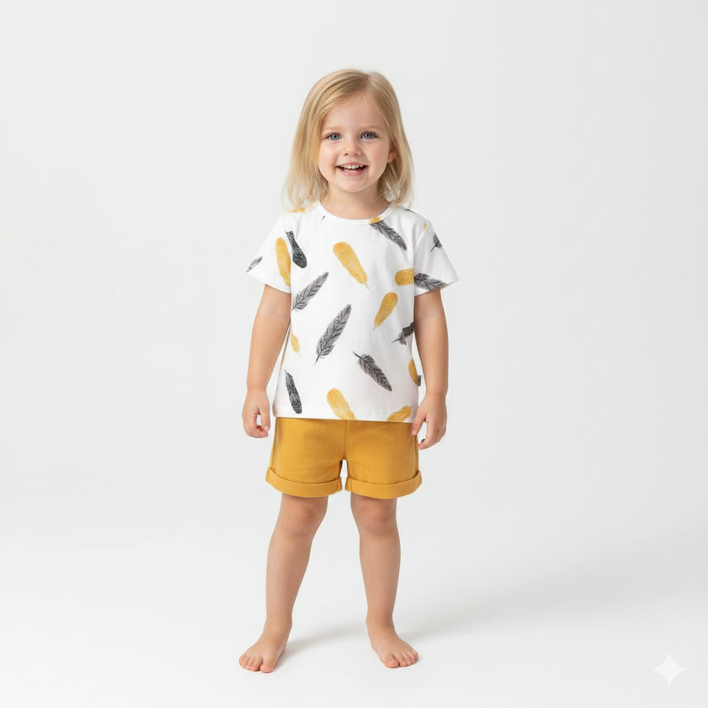 Golden-Yellow "Nature Breeze" Feather Print Summer Outfit