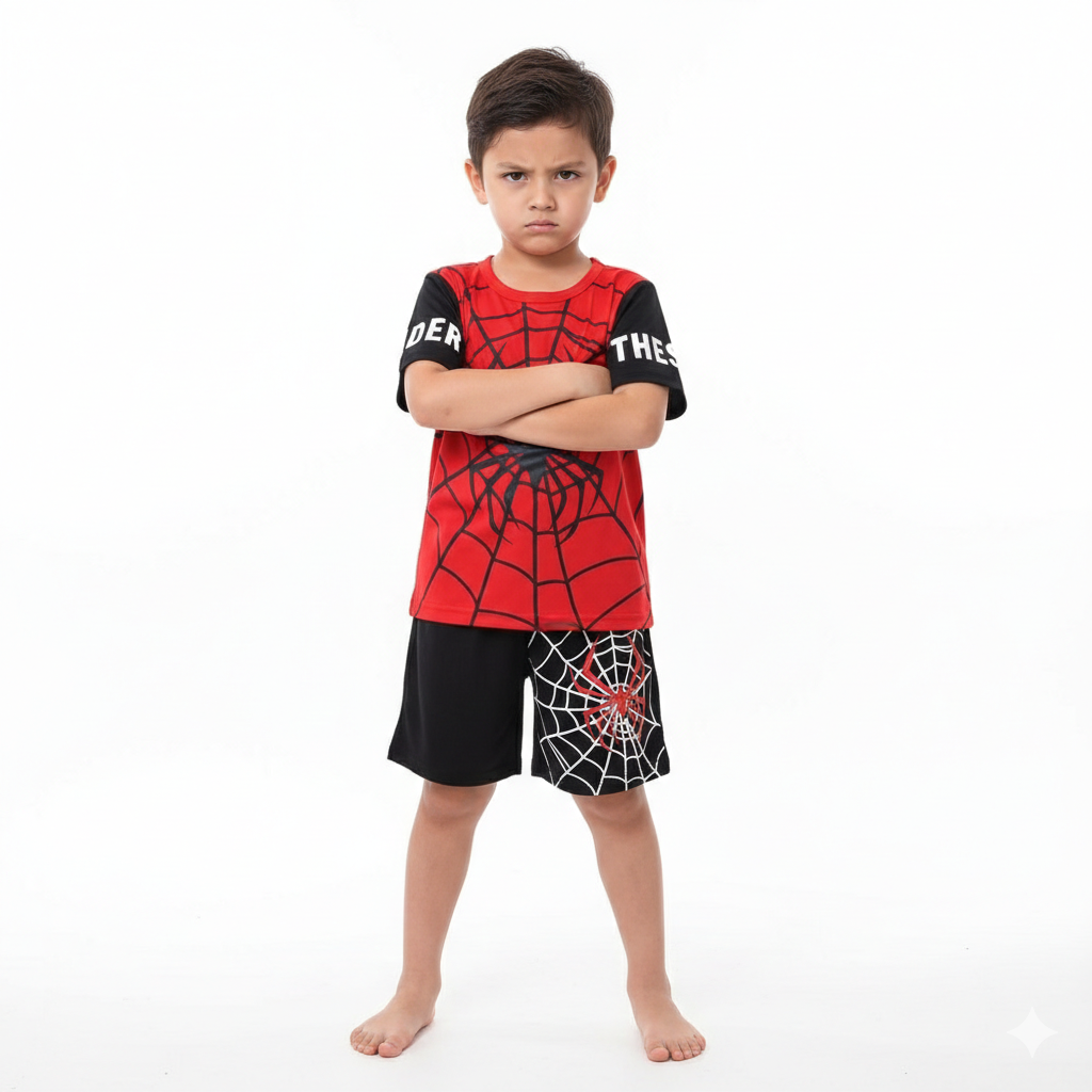Red & Black Superhero Graphic Tee with Matching Webbed Shorts